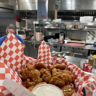 a basket of fried donuts