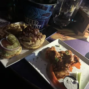 Fried chicken sandwich and Buffalo wings