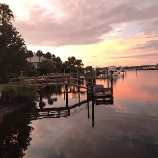 a dock at sunset