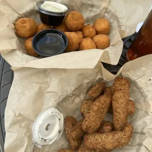 Cowboy corn nuggets, fried portobello slices