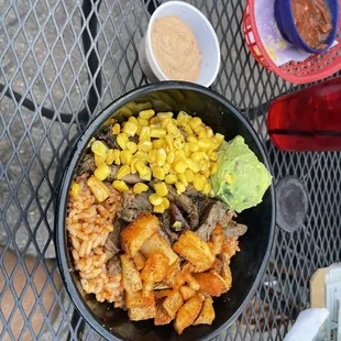 Yummy bowl with steak. Mayo on side