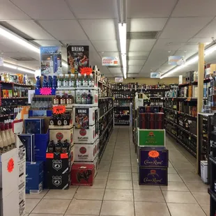 the aisles of a liquor store