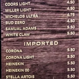 Beer Bottles menu