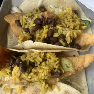 BAJA FISH TACOS with rice