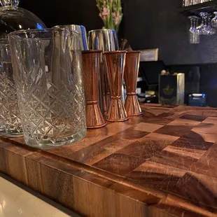 shot glasses on a bar counter