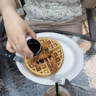 Chicken and waffles- the jalapeño syrup wasn't spicy, just a hint of the taste.
