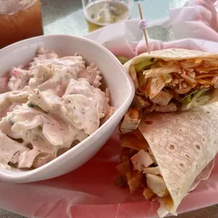 Buffalo chicken wrap and homemade crab salad