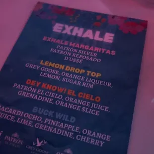 a menu for a drink at a bar