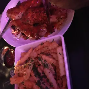 Chill chicken skewers and fries