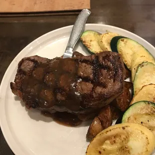 NY strip . No complaints!. Veggies cooked perfectly. Steak flavorful. Just enough Potatoes.