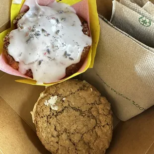 gluten free  lavender raspberry muffin and oatmeal cream pie