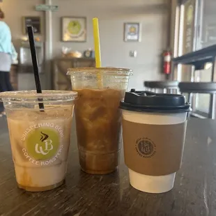 A seasonal pumpkin chai 16oz, a 24oz latte, and a London fog 12oz. (In order)