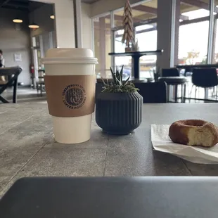 Carmel latte with soy and a GF cinnamon and brown sugar donut