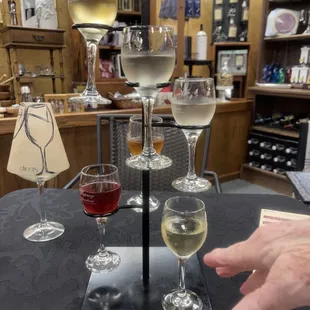 a display of wine glasses