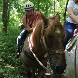 On the trail at Whispering Woods - sweetest horse made me feel totally comfortable!