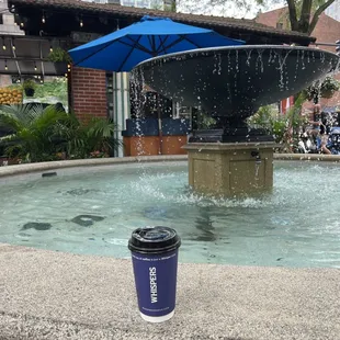 Sitting at the fountain with my cup of coffee.