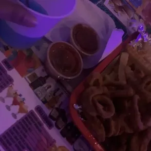 Fried Calamari &amp; two Long Islands, one Bluerasberry I think &amp; the other was strawberry.