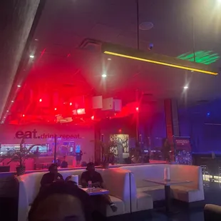 restaurant with red and blue lights