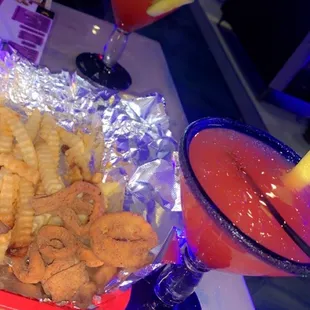Same Fried calamari w/ fries &amp; two strawberry margaritas