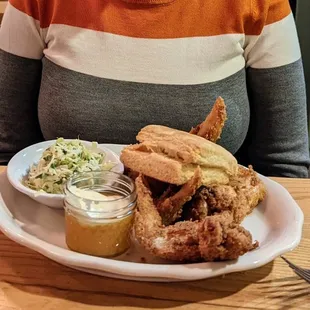 Wingman meal--four wings, a biscuit, honey butter, and coleslaw, paired with a Blood &amp; Honey ale.