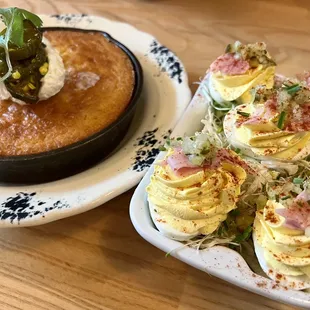Cream corn jalapeño skillet cornbread and deviled eggs