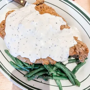 C.F.S. with mashed potatoes and green beans