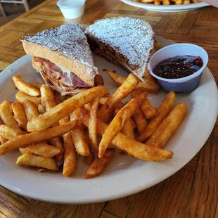 Monte Cristo with raspberry inferno dipping sauce and french fries