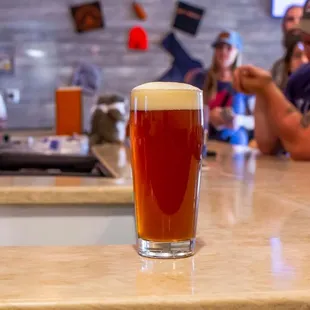 a pint of beer on a bar