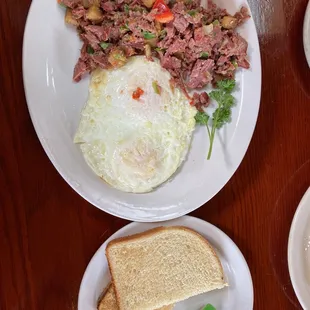 Corn beef hash! Side sourdough toast!