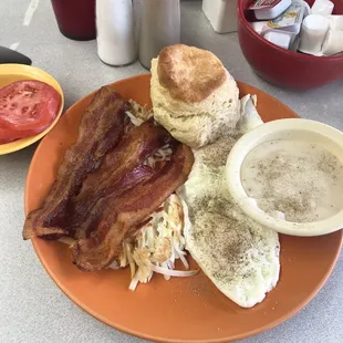 Perfect eggs, bacon, Hashbrowns, and fantastic biscuit and gravy!