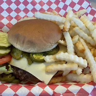 Jalapeño pepper jack cheeseburger with fries