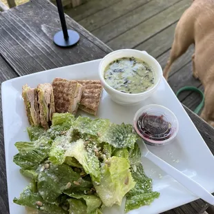 petite trio! turkey avo sandwich, spinach artichoke soup, sensation salad