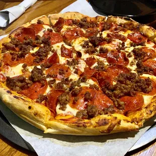 Large pizza with sausage and double pepperoni