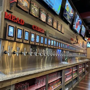 a row of beer taps