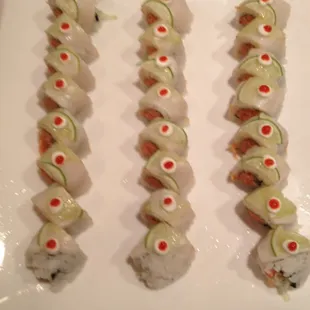 Spicy tuna crunch with layered white tuna lime and wasabi sour cream
