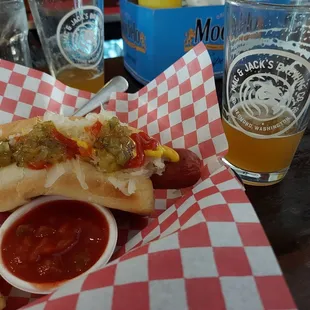 Yummy hot dog and ice cold beer.