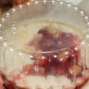 Vanilla custard with strawberries and pecans