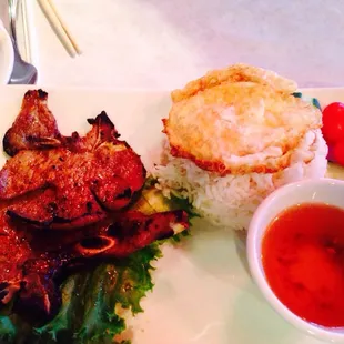 Special: grilled pork chops with rice veggies &amp; fried egg Yummy