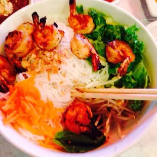 Grilled Shrimp on cold Vermicelli Noodles, mint, lettuce, bean sprouts delish!