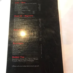 Back of the menu