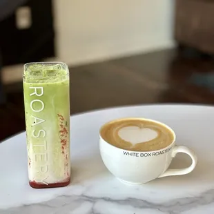 Strawberry matcha &amp; salted caramel and coconut latte