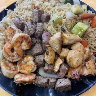 Chicken Steak and Shrimp rice and noodles