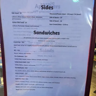 Sides &amp; Sandwich menu.