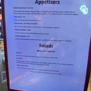 Appetizer &amp; Salad menu.