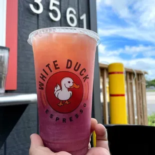 a hand holding a cup of white duck espresso
