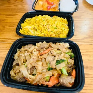 Front to back: Pad See Ew Beef, Pineapple Fried Rice, and Panang Curry with Tofu