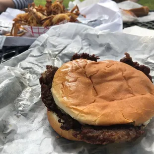 Burger and curly q fries