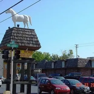 a white horse on top of a building