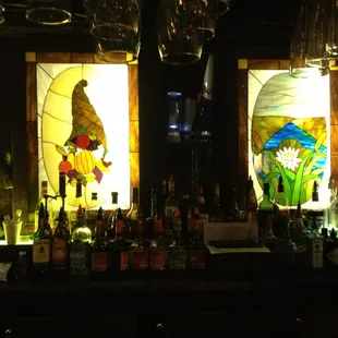 a bar with stained glass windows