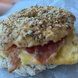Loaded Everything Bagel,Bacon,egg,cheese